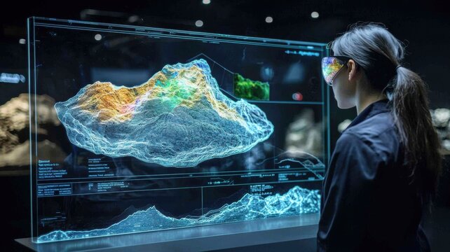 Interactive 3d data visualization showcase technology exhibition digital art modern environment eye-level view innovation - Powered by Adobe