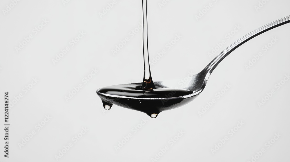 Poster a slow-motion shot of syrup flowing into a silver spoon, captured against a minimalist white backgro