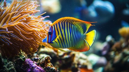 Regal angelfish swims near anemone in reef aquarium