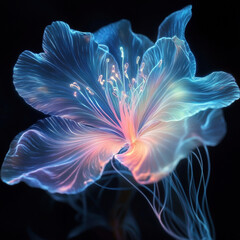 A glowing fractal flower design with abstract patterns, curves, and waves in blue, black, and plasma tones, representing energy and movement with a luminous, imaginative atmosphere