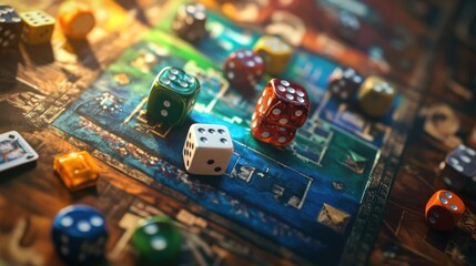 Obraz premium Colorful dice scattered on a board game.