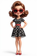 Obraz premium Retro Cartoon Woman in Polka Dot Dress Red Shoes Sunglasses
