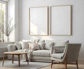 A modern living room featuring a light-colored sofa with several cushions and a throw blanket. There is a round wooden coffee table in front of the sofa. Two empty frames are mounted on the wall.