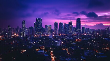 Obraz premium Cityscape twilight panorama urban skyline, sunset, buildings, purple sky, advertising