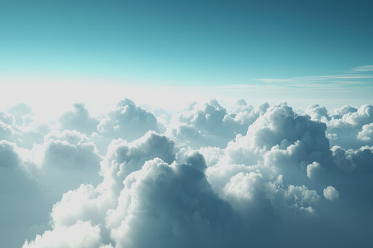 Aerial view of a bright blue sky from an airplane window with fluffy white clouds and the horizon visible in the distance during daytime travel - Powered by Adobe