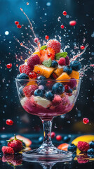 A glass of refreshing fruit cocktail with strawberries and cherries, served cold with a splash of champagne, perfect for a celebration or Christmas, featuring vibrant red and white colors