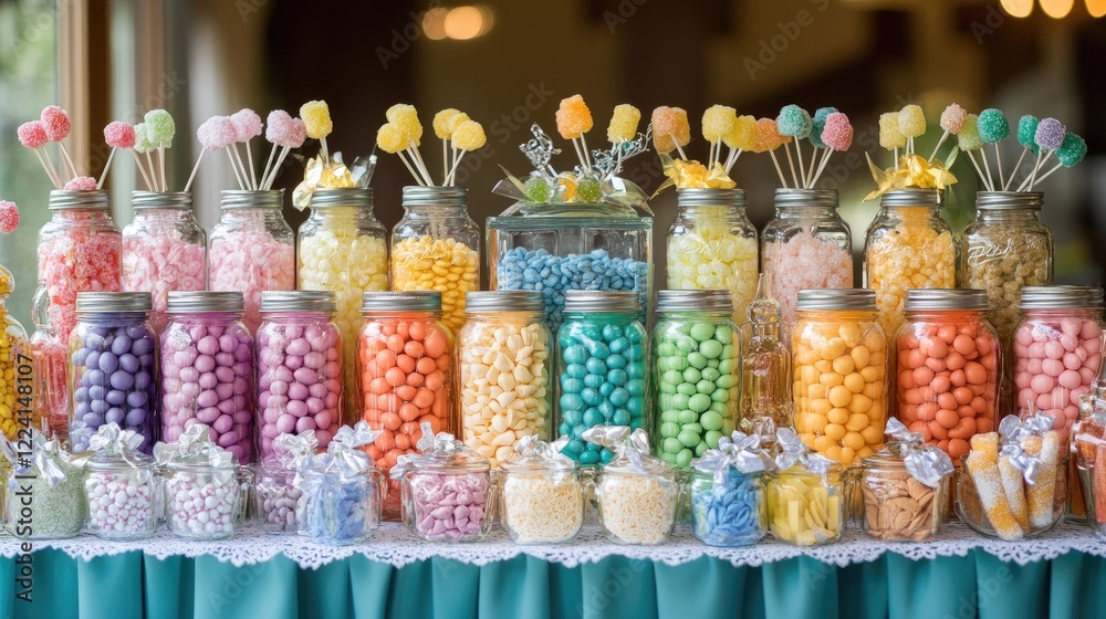 Poster a stunning candy buffet featuring jars of sweets organized in a perfect gradient of colors, adding a