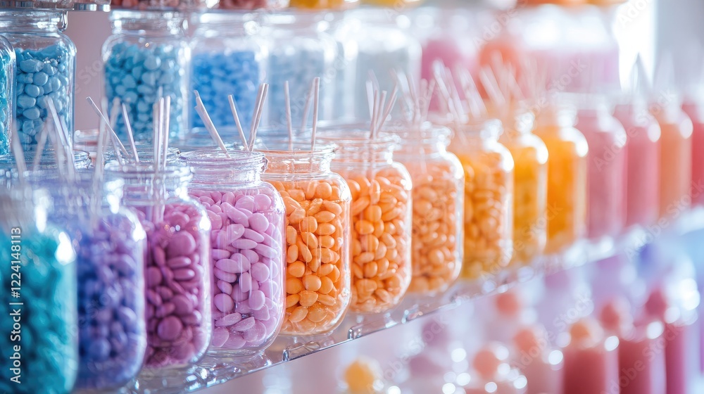 Poster a stunning candy buffet featuring jars of sweets organized in a perfect gradient of colors, adding a