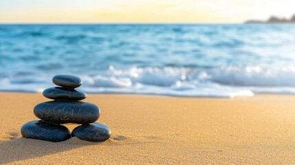 Stack of rocks on a beach with ocean waves and blue sky in the background