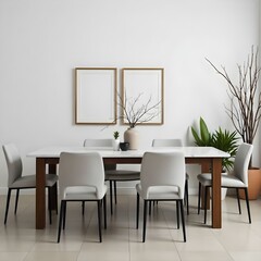This is a modern dining room featuring a long rectangular table with a marble top and dark wooden legs. Six light gray upholstered chairs with metal frames surround the table.