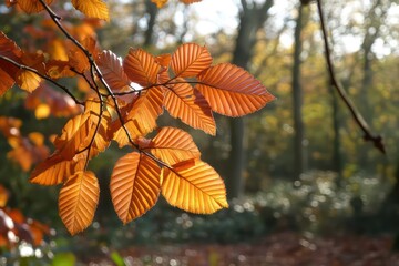 Obraz premium Vibrant red and orange autumn leaves glowing in the sunlight, with a blurred forest background.