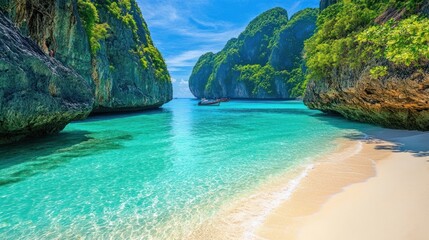 Tropical lagoon beach, boat, cliffs, turquoise water, sunny day, travel brochure