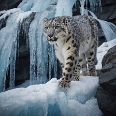 Fototapeta premium A snow leopard walking beside a frozen waterfall cascading down a white mountain face.