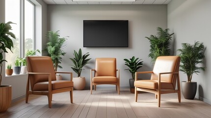 Fototapeta premium Stylish Wooden Office Lounge with Comfortable Armchairs and Entertainment-Focused Amenities, Including a Flat-Screen Television