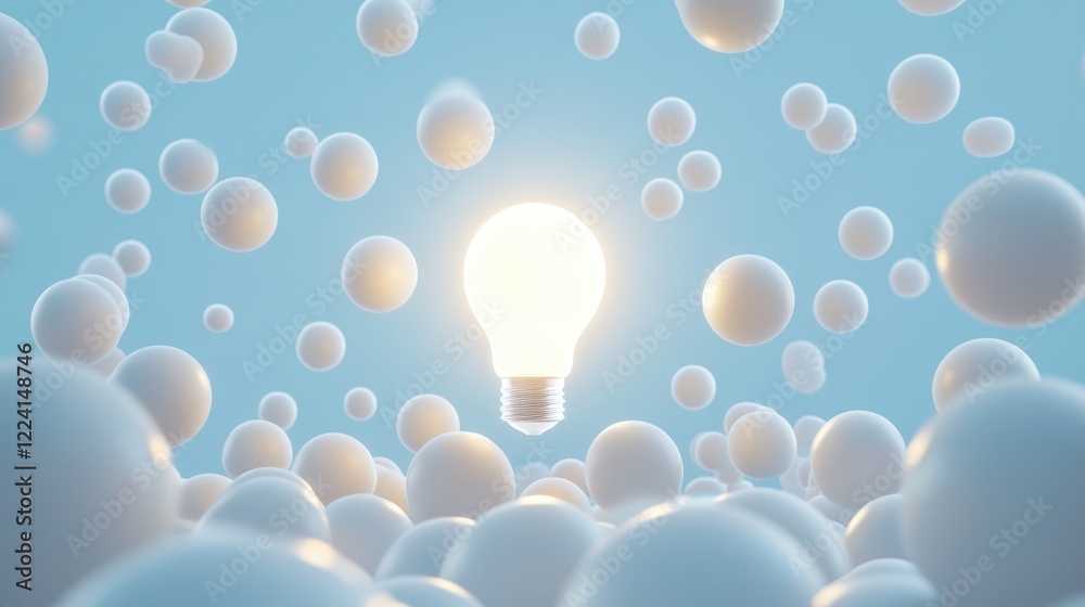 Poster a symbolic glowing light bulb in the center of floating white spheres on a light blue background, re
