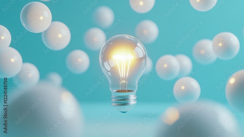 Poster a symbolic glowing light bulb in the center of floating white spheres on a light blue background, re