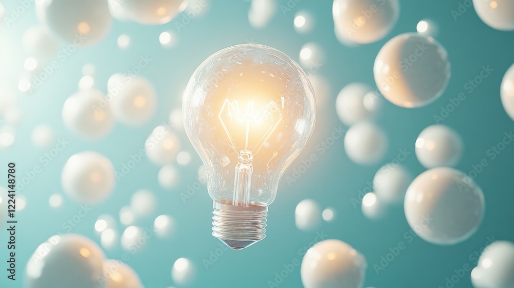 Poster a symbolic glowing light bulb in the center of floating white spheres on a light blue background, re