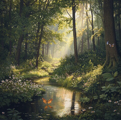 Obraz premium A quiet spring forest with soft sunlight filtering through the trees, where delicate wildflowers bloom at the base of the trees. A single butterfly flutters past a small
