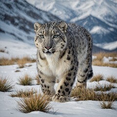 Naklejka premium A snow leopard prowling through an alpine meadow blanketed in snow.