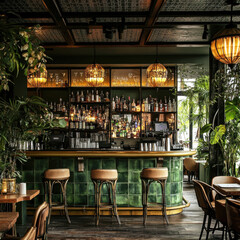 Obraz premium Cozy restaurant interior with wooden furniture, bar area, and dining tables, located in a city building near the street, creating a warm atmosphere for dinner and cafe-style meals