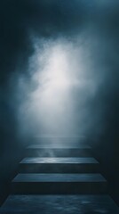A podium in a dense fog, with only dim lights illuminating a path through the mist