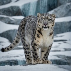 Naklejka premium A snow leopard cautiously walking on the edge of a sheer, icy drop.