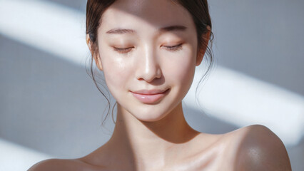 まっすぐに向きまぶたを閉じた日本人女性のポートレート、美容、スキンケア、美白、透明感、セルフケアをコンセプトにした女性の写真
