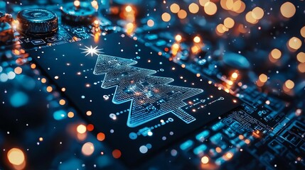 A digital Christmas tree design overlaying a circuit board, illuminated with bright blue lights, creating a festive tech-inspired ambiance.