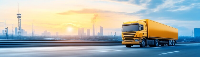 Yellow truck journeys down open highway, a scenic drive across the countryside 