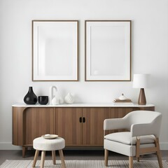 This is a modern interior scene featuring a smooth, curved wooden sideboard. Decorative items on the sideboard include a white sculpture and a modern faucet.