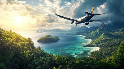 Naklejka premium Airplane descends over tropical island paradise at sunset.