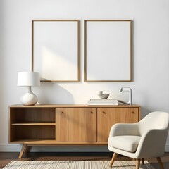 This is a modern interior scene featuring a smooth, curved wooden sideboard. Decorative items on the sideboard include a white sculpture and a modern faucet.