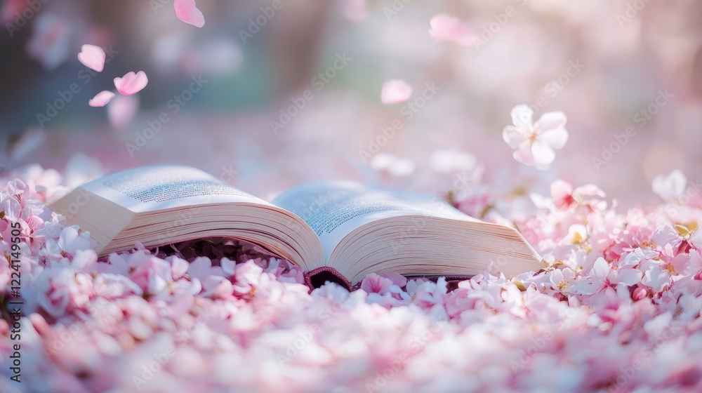 Poster a tranquil image of an open book resting among pastel-colored spring blossoms, with scattered petals