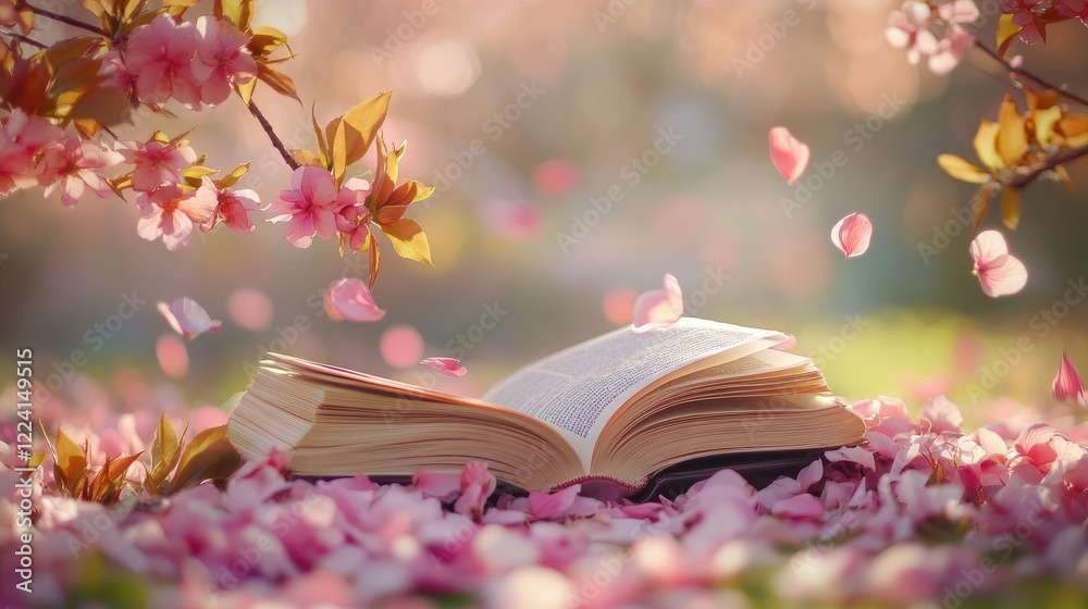 Poster a tranquil image of an open book resting among pastel-colored spring blossoms, with scattered petals