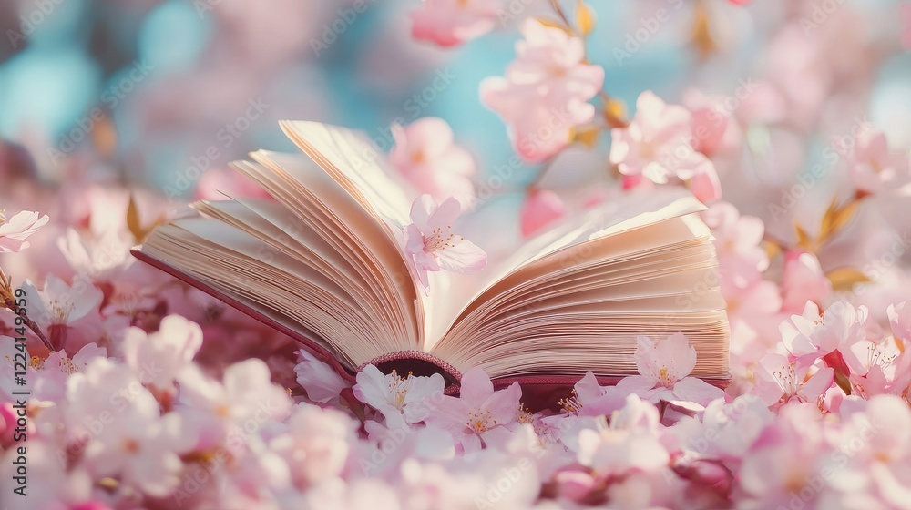 Leinwandbilder a tranquil image of an open book resting among pastel-colored spring blossoms, with scattered petals