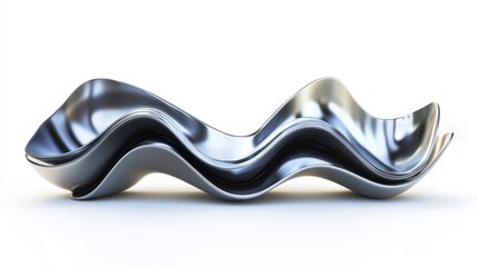 A minimalist 3D rendering of metal waves with reflective silver textures and smooth flowing curves, isolated on white
