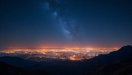 light in starry sky over and city, sky background, coastline background, city background, starry background