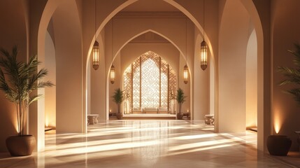 Obraz premium A tranquil interior with beautifully lit architectural arches, showcasing intricate motifs that enhance the peaceful atmosphere of the serene space
