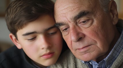 A poignant moment captured: Grandson comforting his Grandfather. A tender display of affection between generations, revealing a deep bond of love and support.
