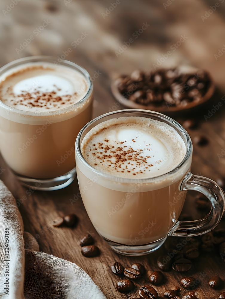 Poster pair of coffee mugs on rustic wooden table with coffee beans : generative ai