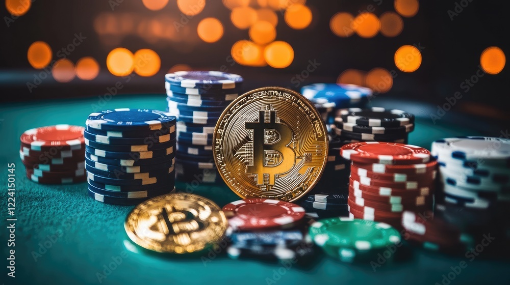Poster a vibrant casino setting with bitcoin tokens and poker chips spilling across the table, illuminated 