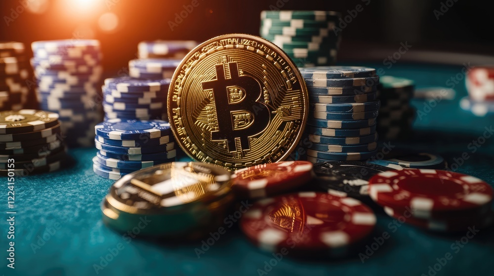 Poster a vibrant casino setting with bitcoin tokens and poker chips spilling across the table, illuminated 