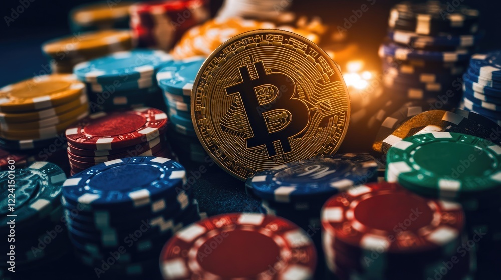 Poster a vibrant casino setting with bitcoin tokens and poker chips spilling across the table, illuminated 