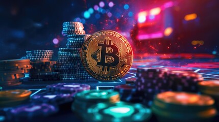 A vibrant casino scene with a table full of Bitcoin coins and poker chips, illuminated by flashing lights, creating a thrilling and energetic vibe