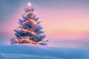 Christmas tree decorated with lights standing in fresh snow under a clear sky during winter season showcasing festive holiday spirit and tranquility