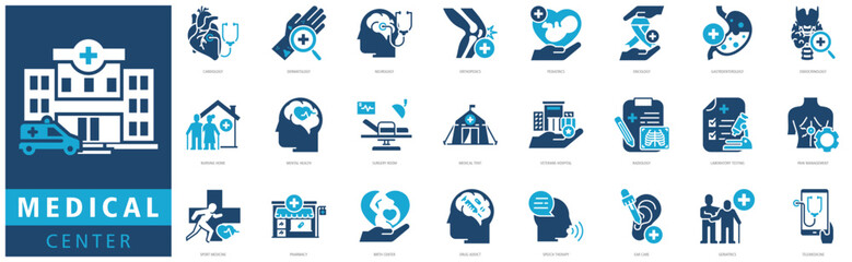 MEDICAL CENTER ICON SET with cardiology, dermatology, neurology, orthopedics, pediatrics, oncology, gastroenterology, endocrinology, hospital, nursing home and mental health