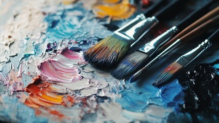 Fototapeta premium art palette with paint and brushes on white background