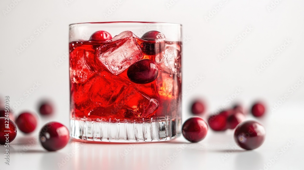 Poster a vibrant red cranberry syrup stream mixing with water in a glass, highlighting the dynamic flow and