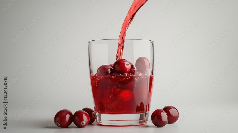 Poster a vibrant red stream of cranberry syrup pouring into a glass, frozen mid-motion on a clean, minimali