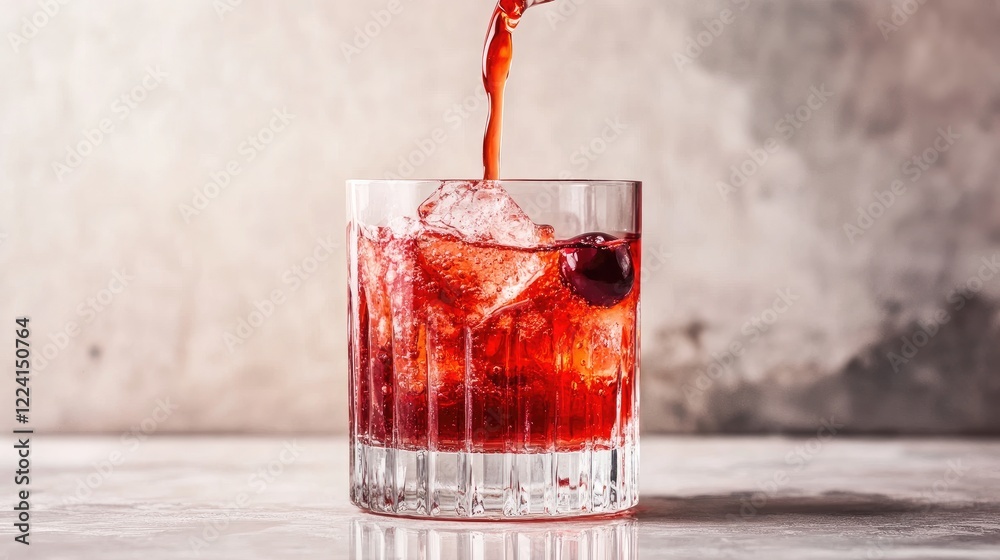 Aufkleber a vibrant red stream of cranberry syrup pouring into a glass, frozen mid-motion on a clean, minimali